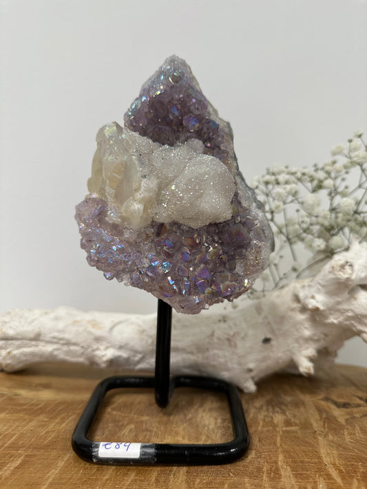 Amethyst with calcite angel aura on stand