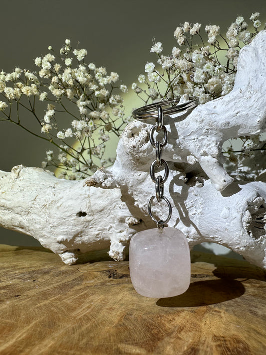 Rose quartz tumbled stone keychain